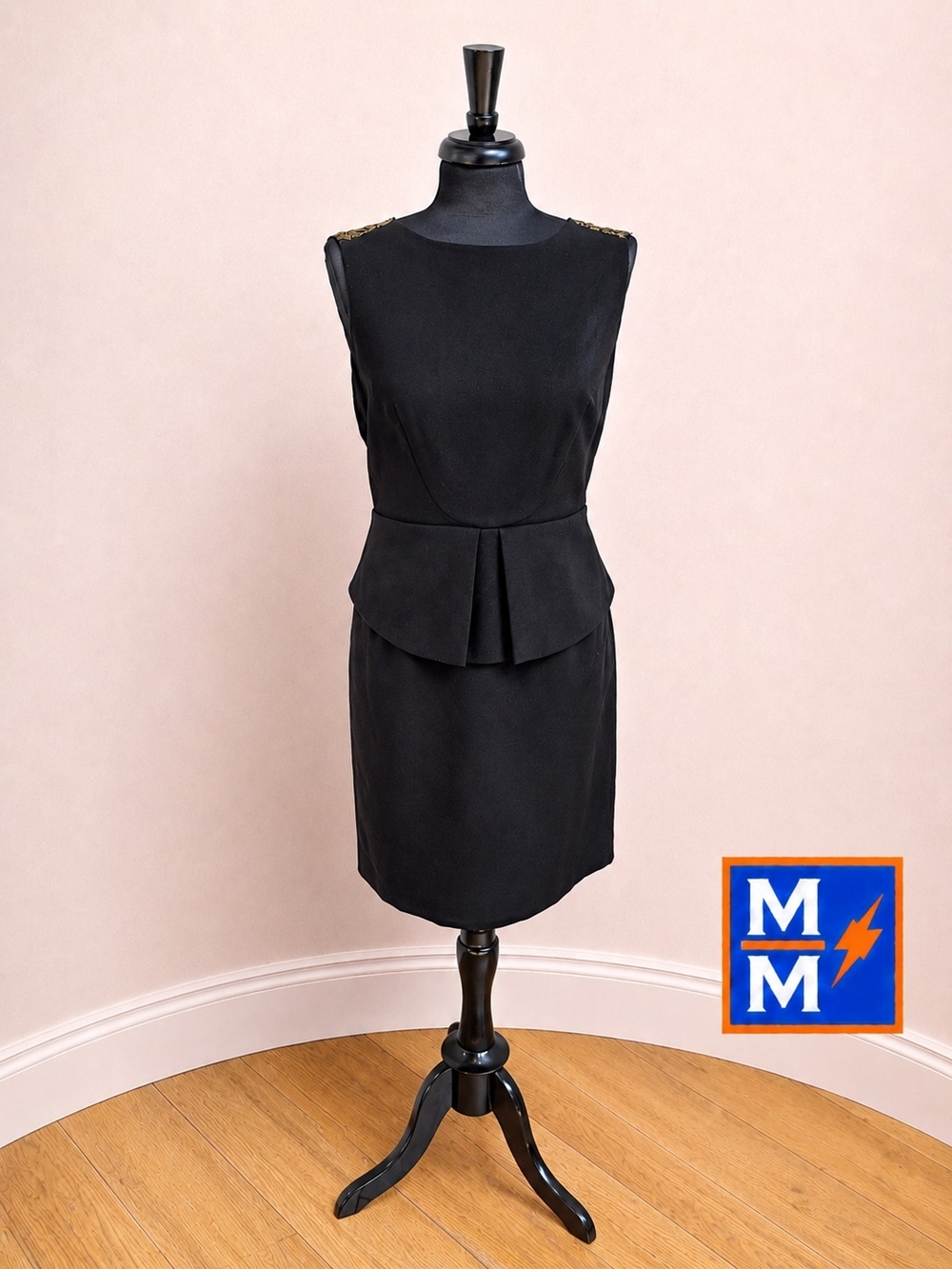 Tahari Arthur S. Levine Petite 14P Black Peplum Sheath Dress Gold Lace Back